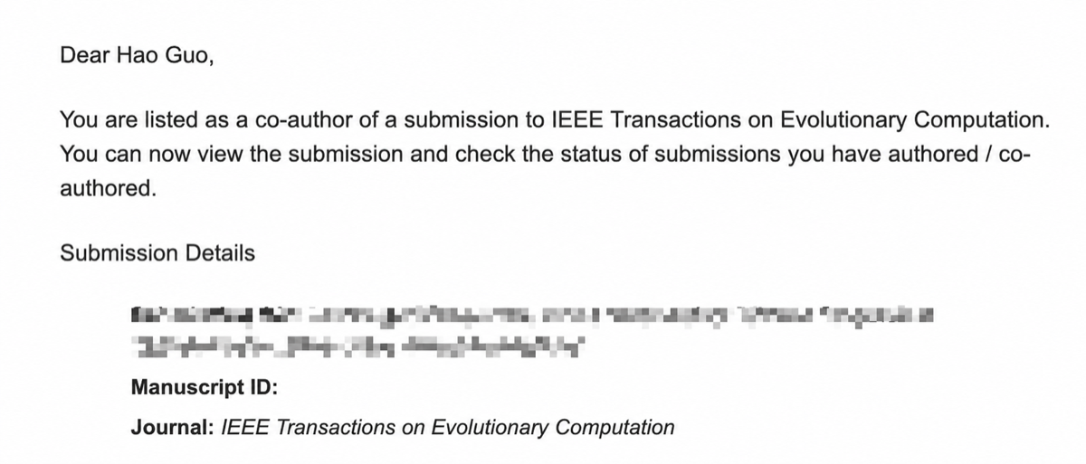 IEEE Transactions on Evolutionary Computation 投稿确认记录，稿件信息已打码